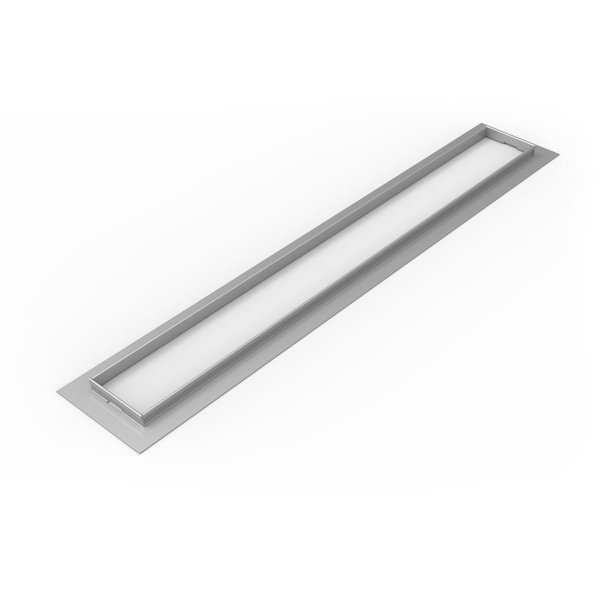 Satin stainless steel linear drain component with rectangular frame and white insert, 54 inches long.
