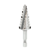 Silver step drill bit with nine graduated cutting steps and Diablo branding on shaft.