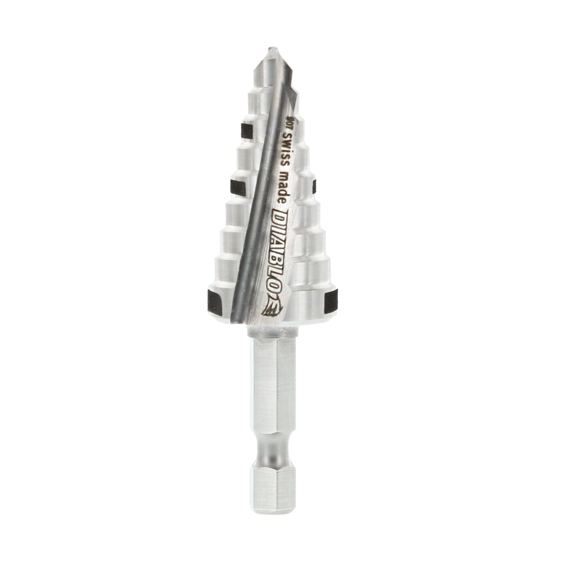Silver step drill bit with nine graduated cutting steps and Diablo branding on shaft.