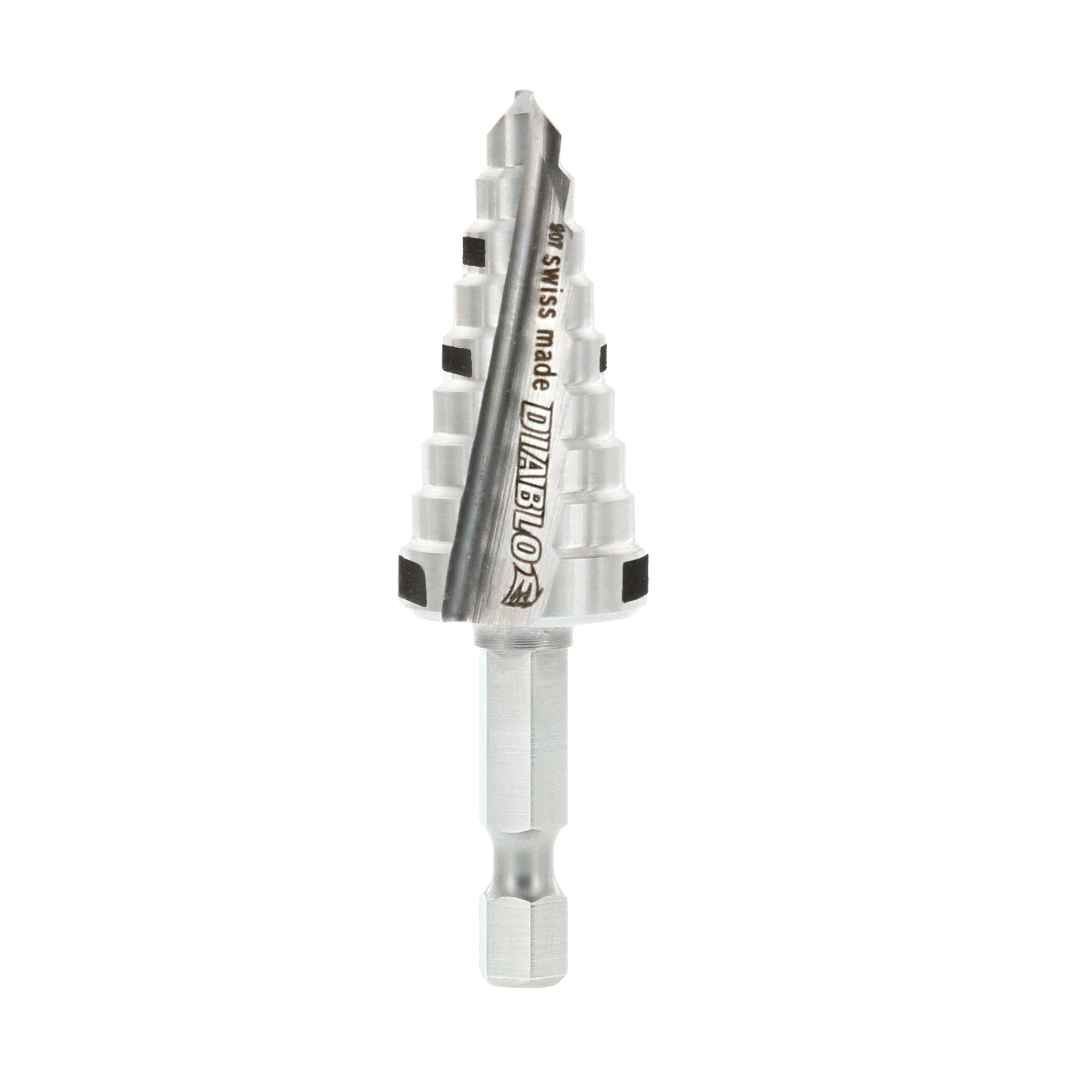 Silver step drill bit with nine graduated cutting steps and Diablo branding on shaft.