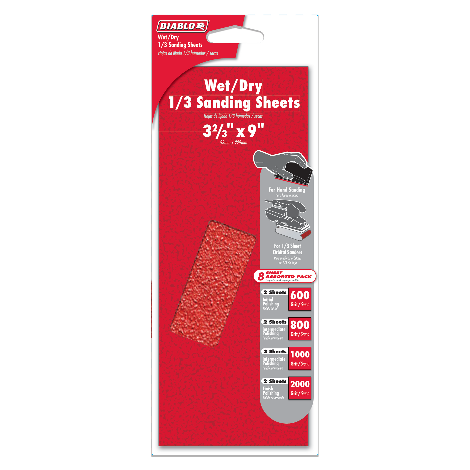 Diablo wet/dry 1/3 sanding sheets assorted pack with grit grades 600, 800, 1000, and 2000 on red packaging.