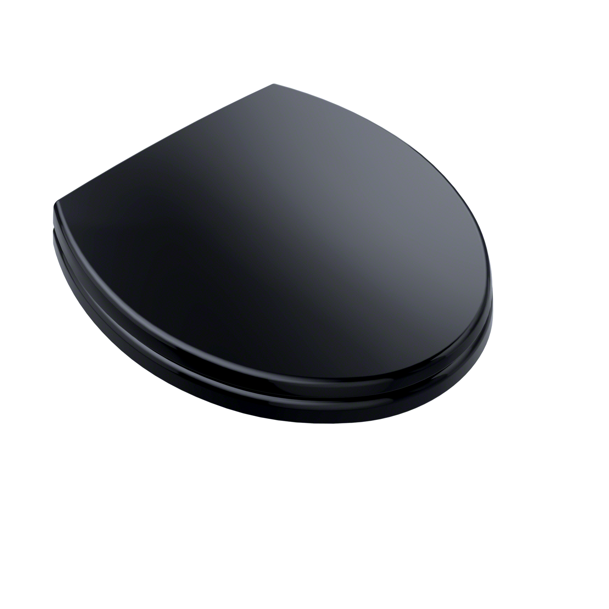 Ebony round toilet seat and lid with soft-close mechanism in closed position.