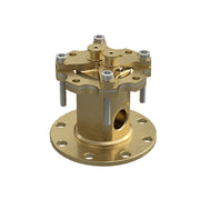 Brass rough-in valve with circular base, multiple mounting holes, and threaded connection ports for floor-mounted tub filler 
