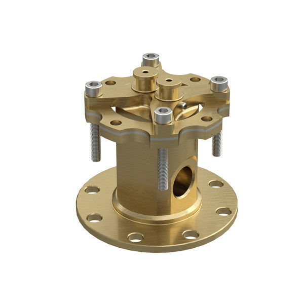 Brass rough-in valve with circular base, multiple mounting holes, and threaded connection ports for floor-mounted tub filler 