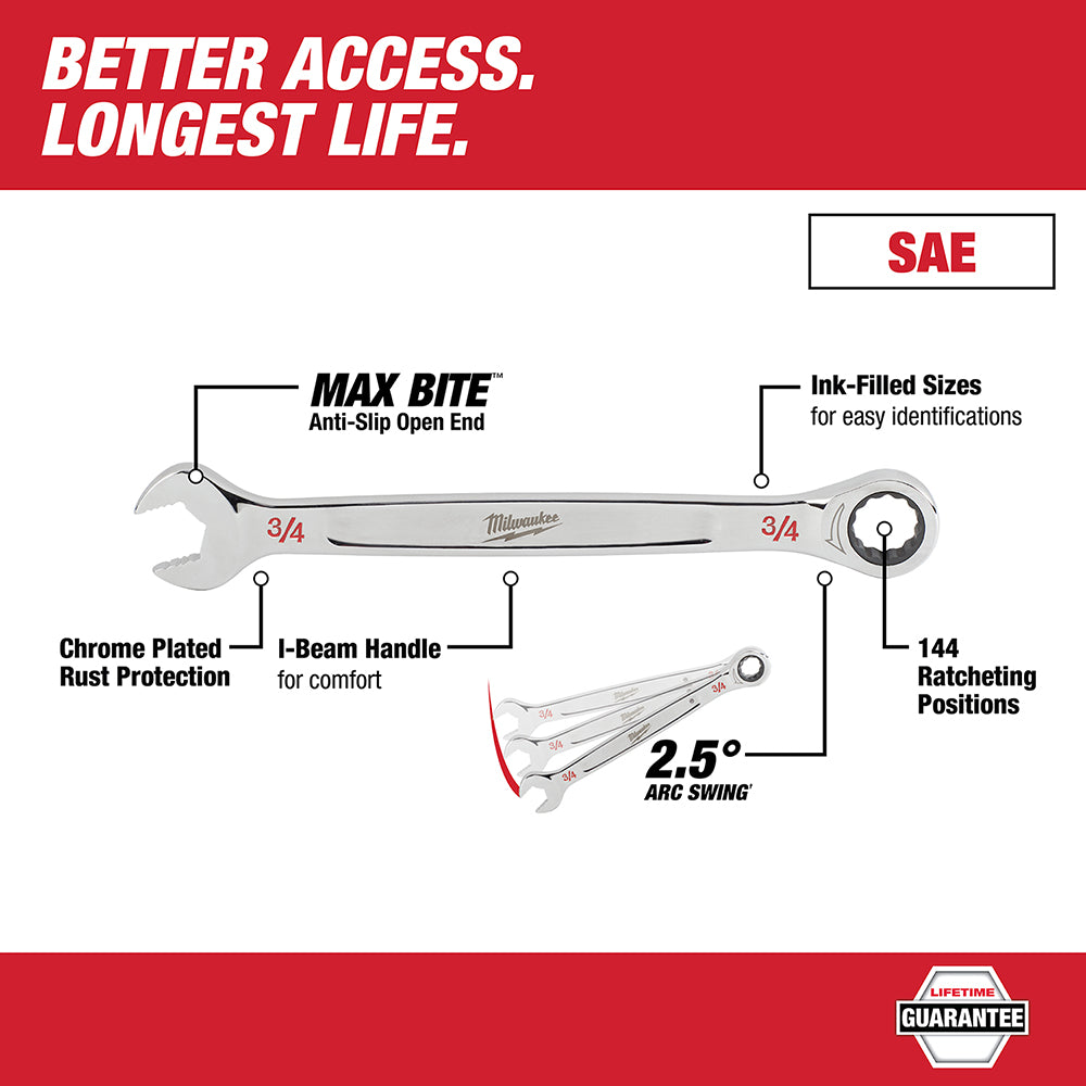 Milwaukee 15-piece SAE ratcheting combination wrench set with chrome plating, MAX BITE open end, and ink-filled size markings