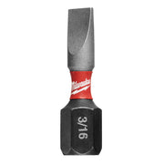 Milwaukee Shockwave 3/16 in. slotted insert bit with red and black grip collar and hex drive end.