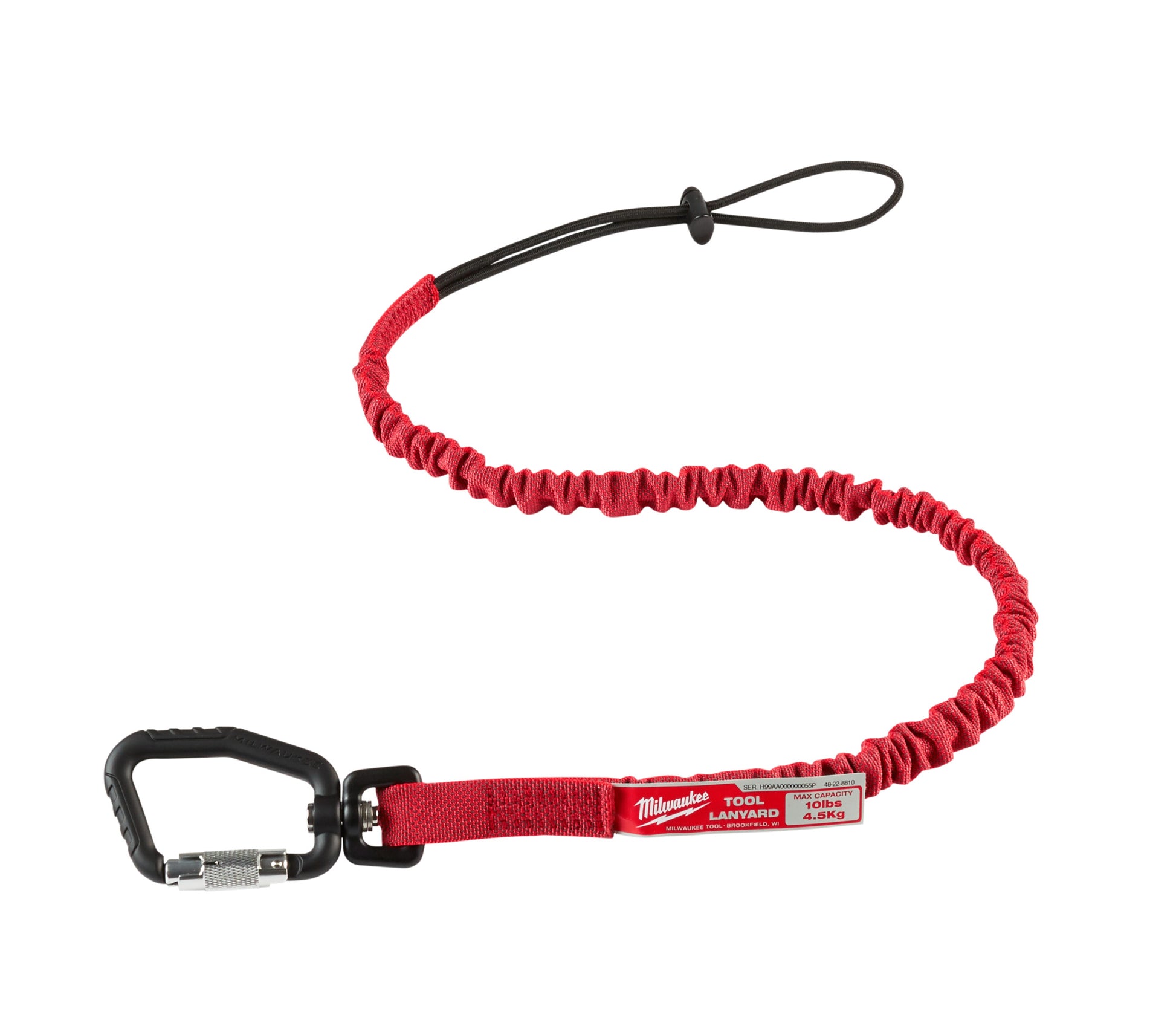 Black and red locking tool lanyard with carabiner clip on one end and loop on the other, featuring coiled elastic cord sectio