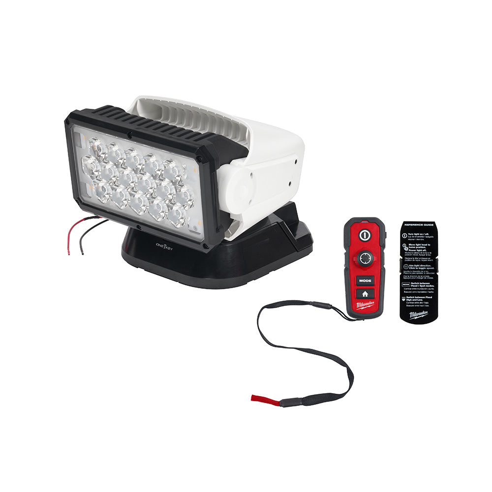 Black and white LED search light with magnetic base, red remote control, instruction manual, and power cord with connectors.