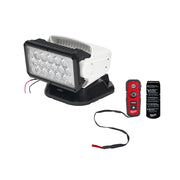 Black and white LED search light with magnetic base, red remote control, instruction manual, and power cord with connectors.