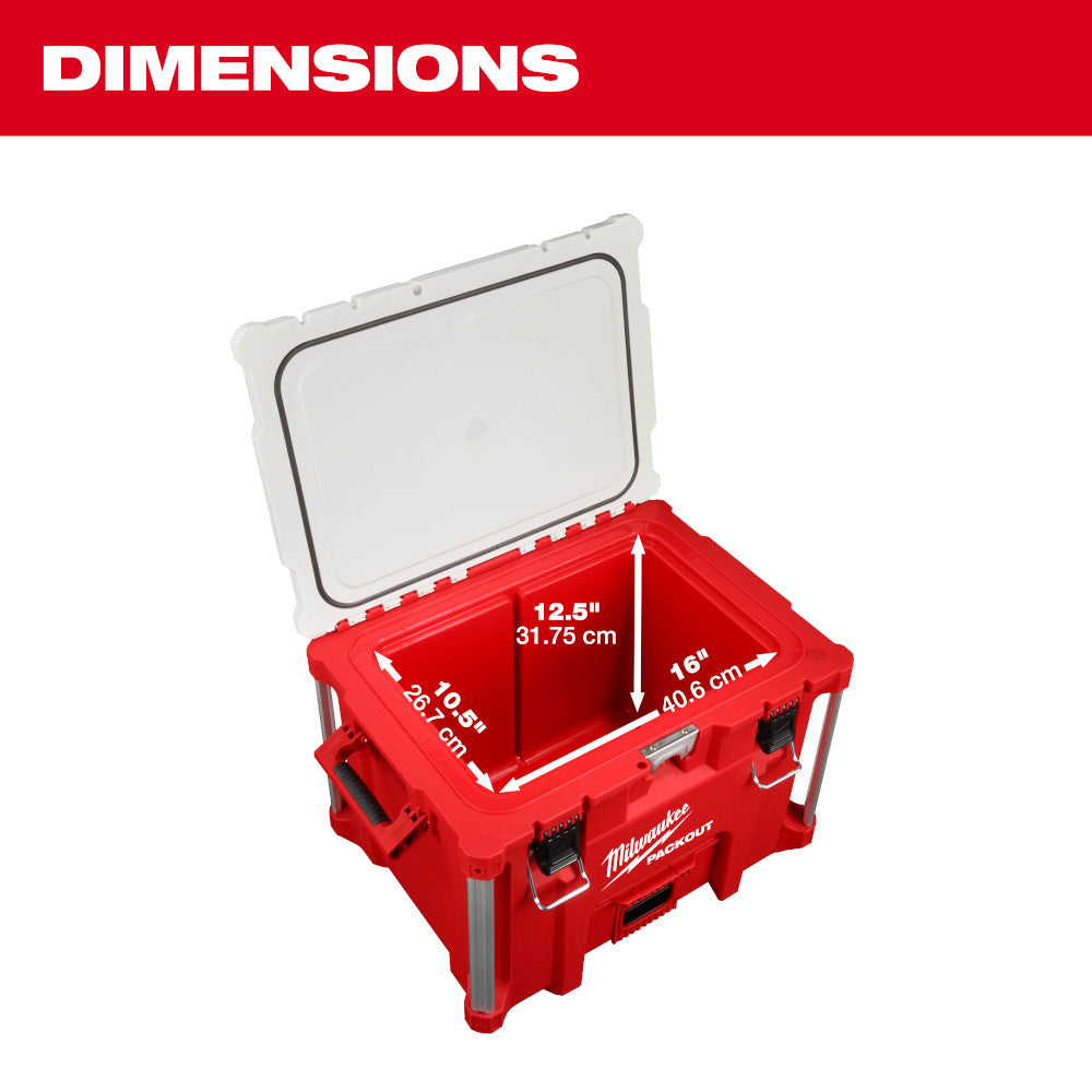 Red and white Milwaukee PACKOUT cooler with open lid showing interior dimensions of 28.5" x 12.5" x 16".