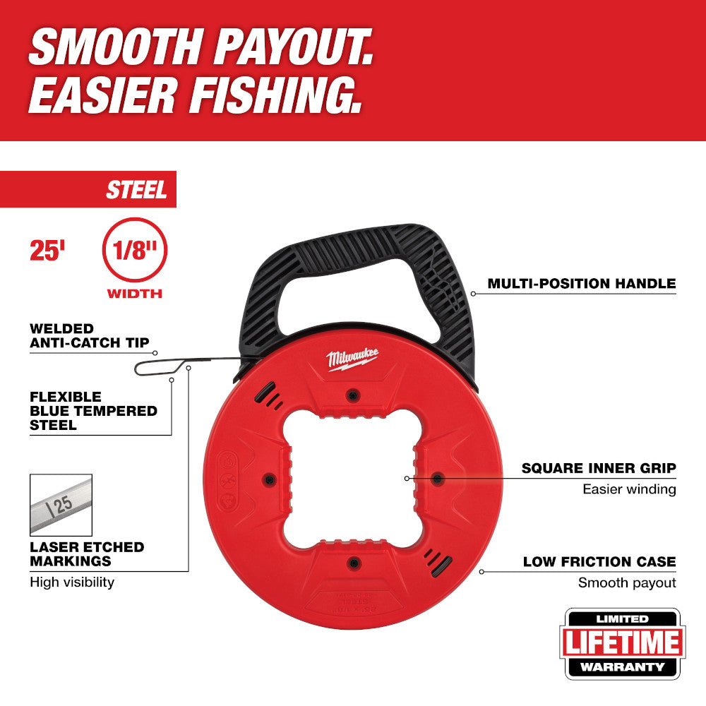 Red and black Milwaukee steel fish tape reel with 25-foot length, 1/8-inch width, multi-position handle, and square inner gri
