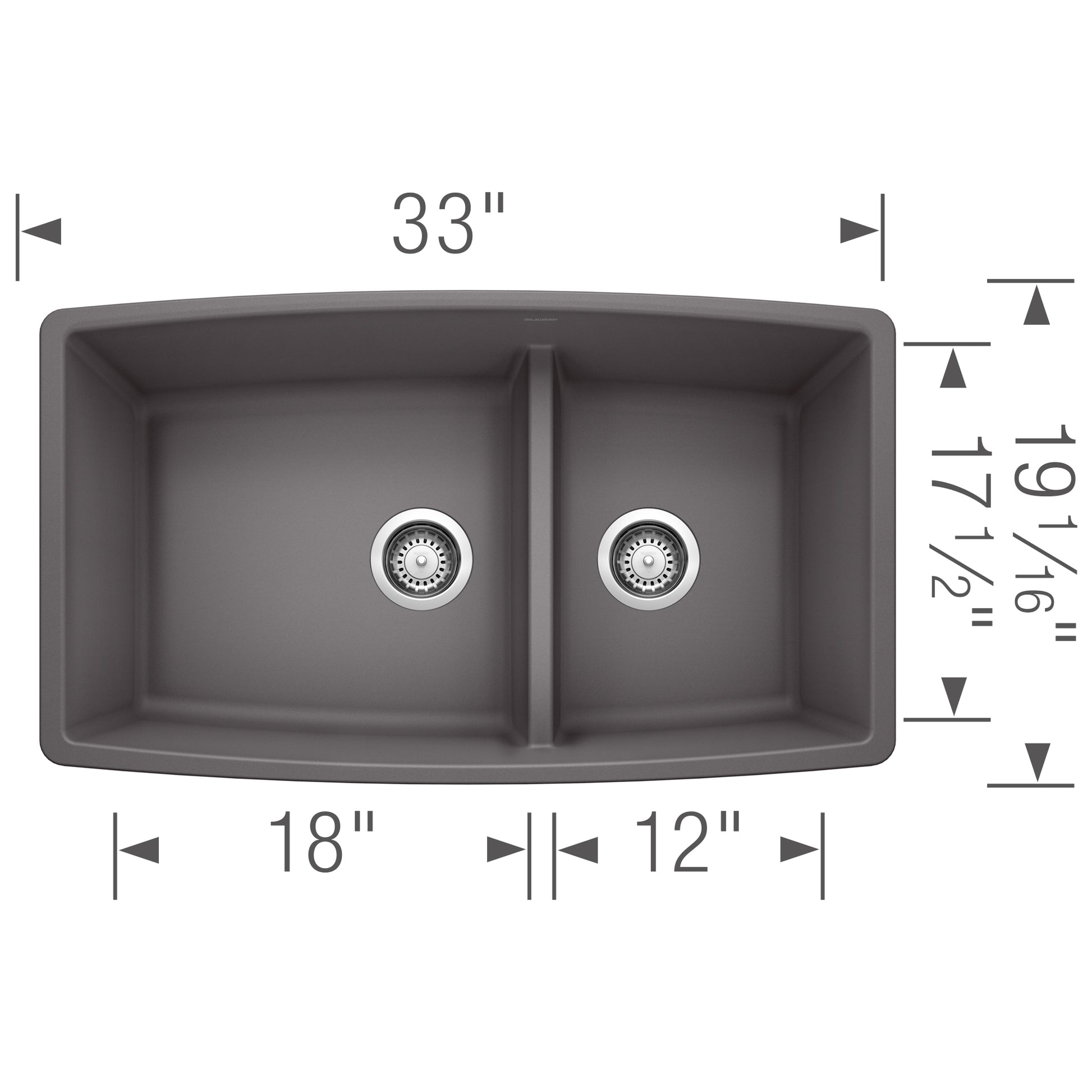 Cinder undermount sink with two unequal bowls, 33" wide, featuring rounded corners and dual drain baskets.
