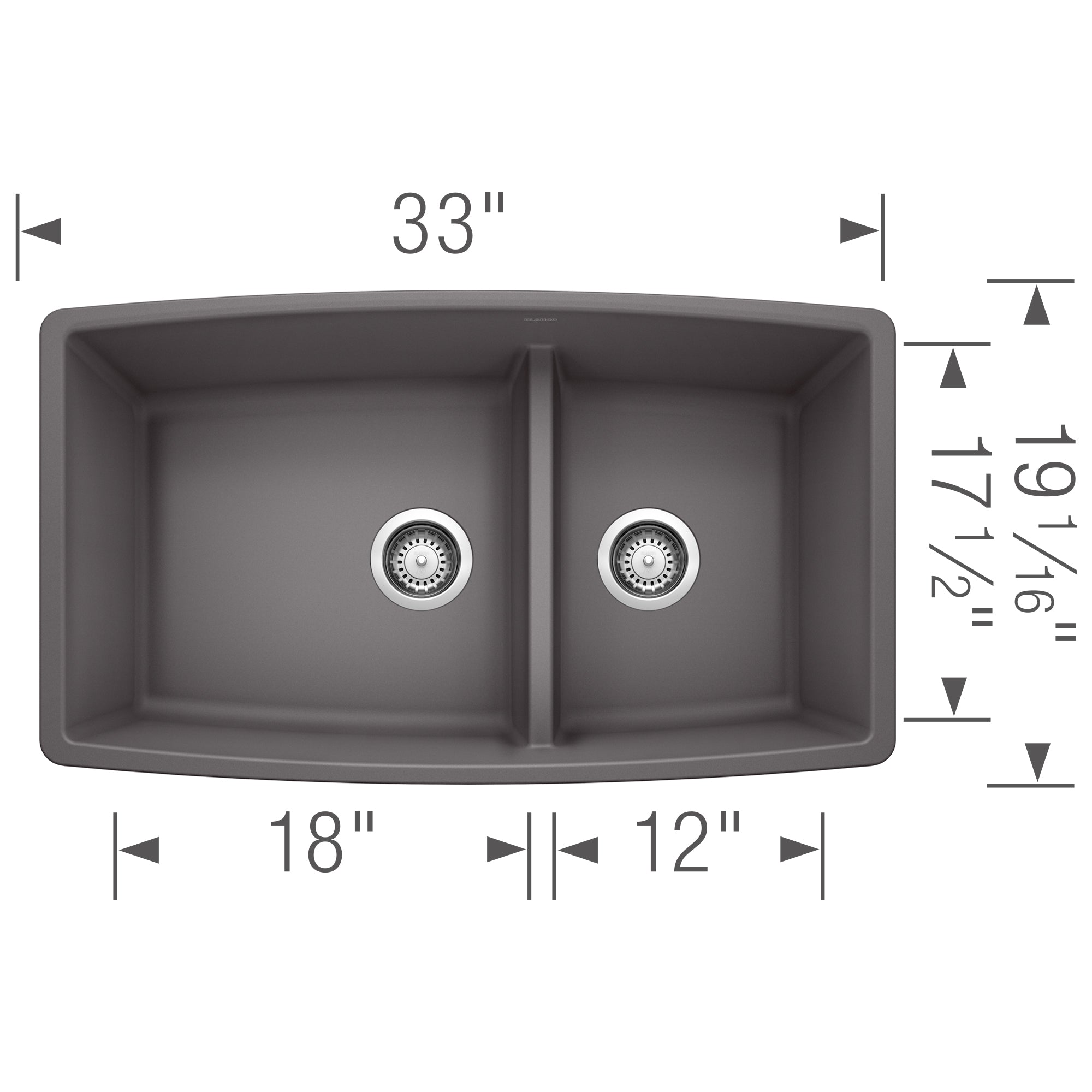 Cinder undermount sink with two unequal bowls, 33" wide, featuring rounded corners and dual drain baskets.