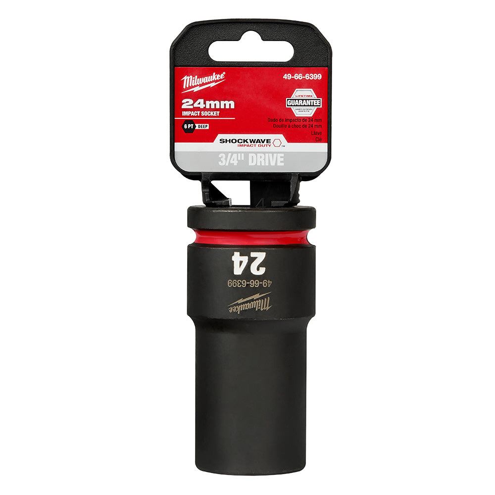 Milwaukee Shockwave 24mm deep socket with 3/4" drive and 6-point design, shown with red and black packaging.