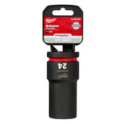 Milwaukee Shockwave 24mm deep socket with 3/4" drive and 6-point design, shown with red and black packaging.