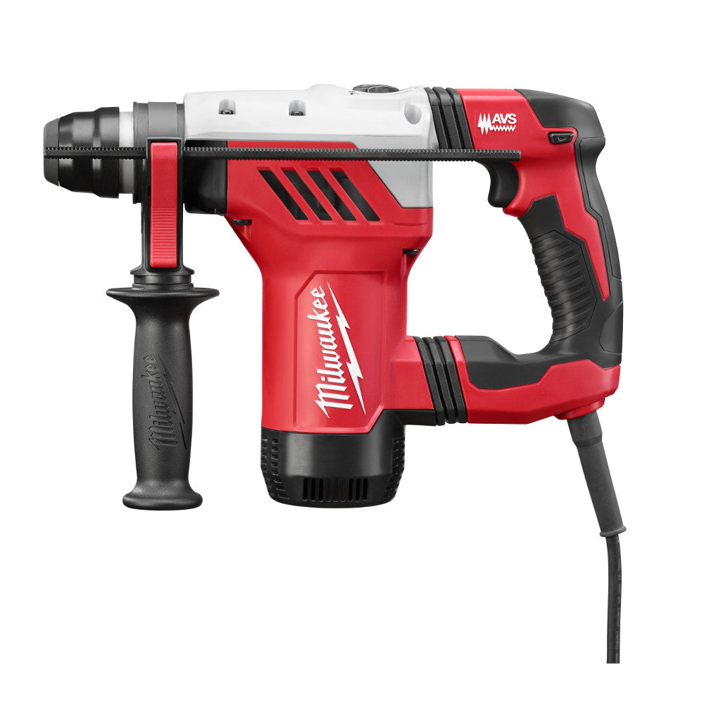 Milwaukee 1-1/8 in. SDS Plus corded rotary hammer with red and black body, side handle, and power cord.