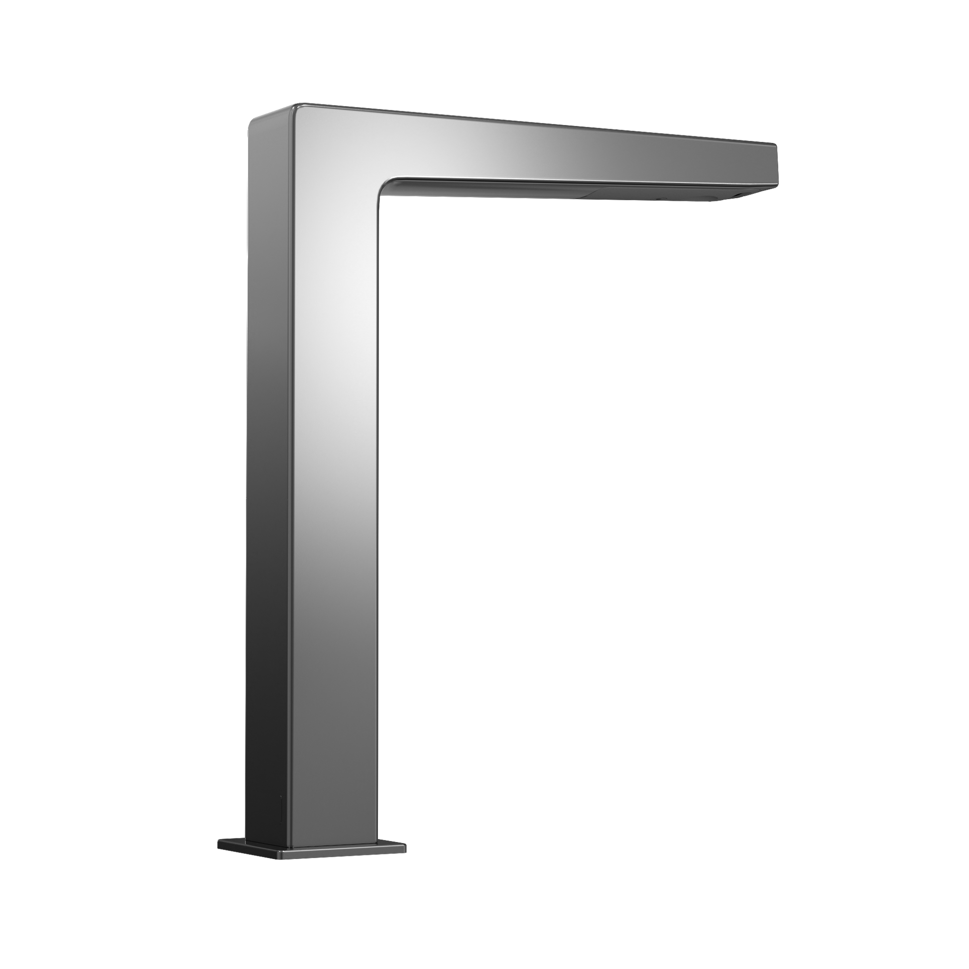 Polished chrome touchless bathroom faucet with tall square base and horizontal spout for vessel sinks.