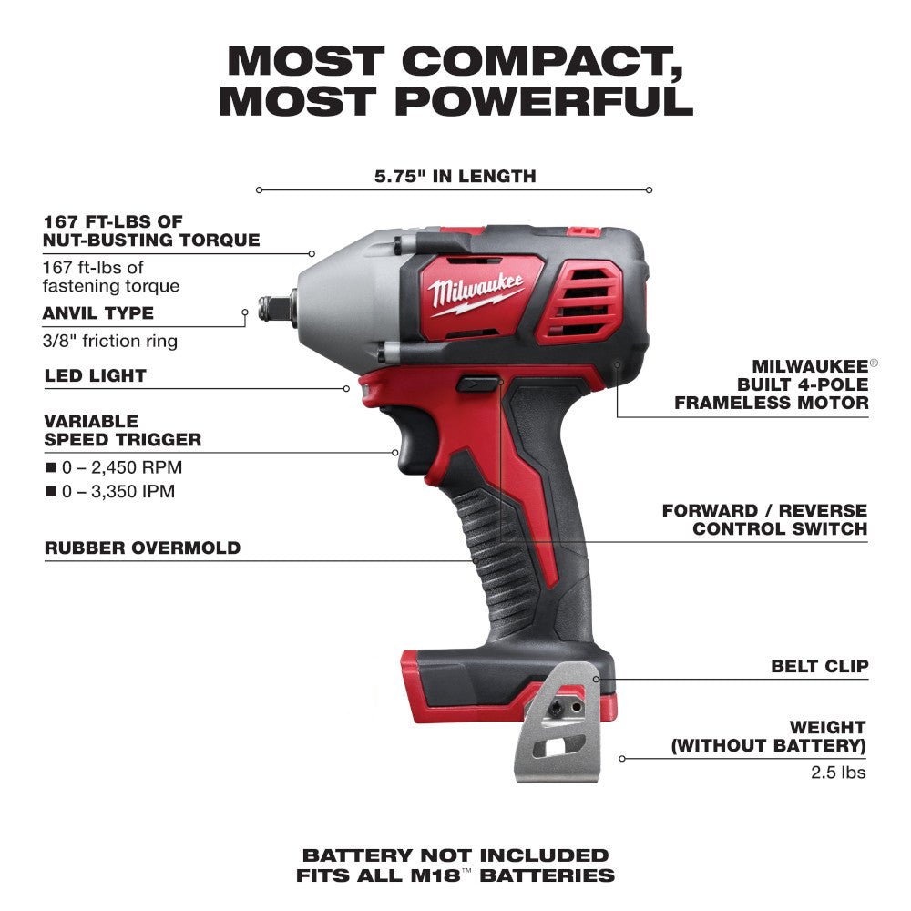 Milwaukee M18 3/8-inch impact wrench with red and black housing, LED light, and variable speed trigger, shown with specificat