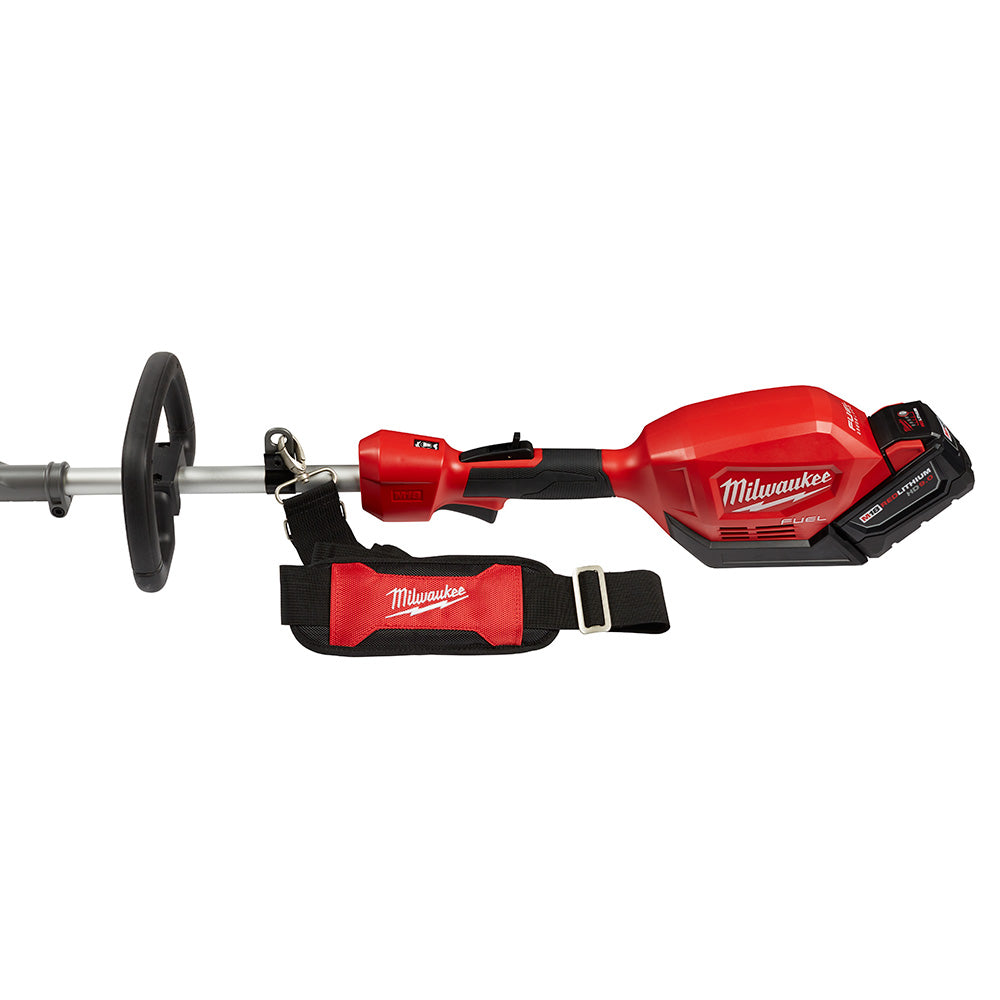 Red and black shoulder strap with metal buckle for Milwaukee power tool attachment.