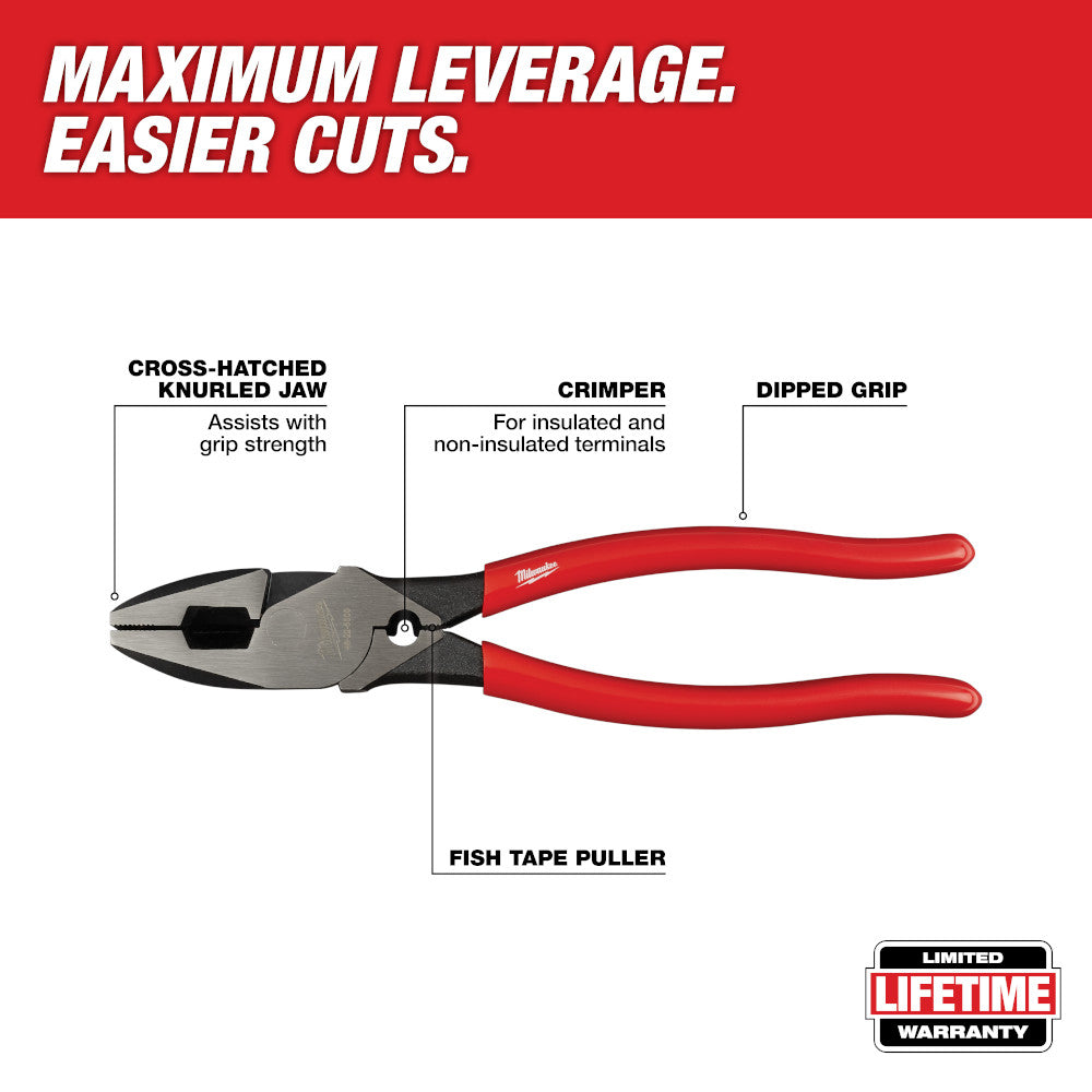 Milwaukee linesman's pliers with cross-hatched jaw, crimper, and red dipped handles.