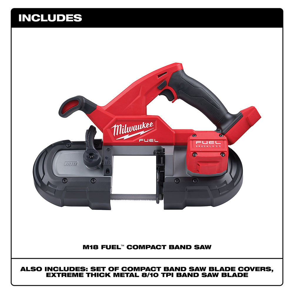 Red and black Milwaukee M18 FUEL compact band saw with handle, blade slot, and motor housing visible.
