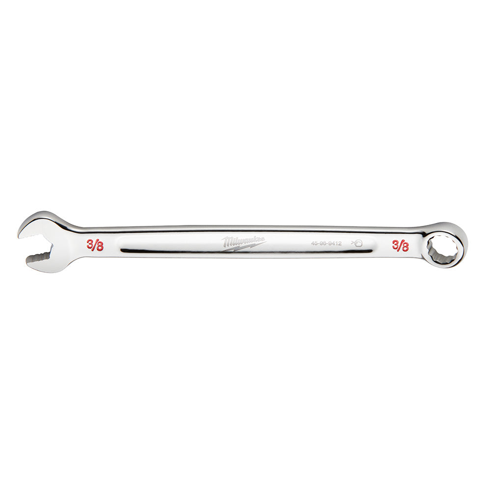 Silver Milwaukee 3/8 inch SAE combination wrench with open end on left and closed ring end on right.