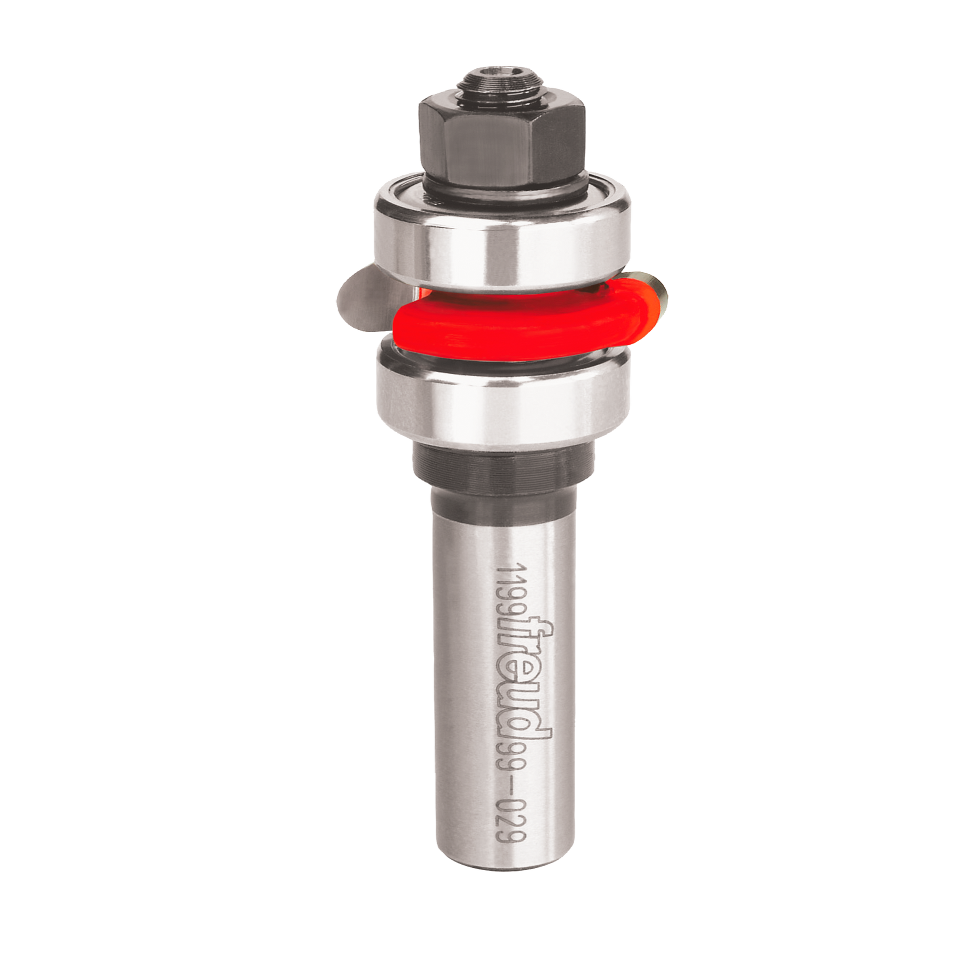 Freud 1/8" radius flute bit with silver shank, red bearing ring, and hex collet chuck assembly.