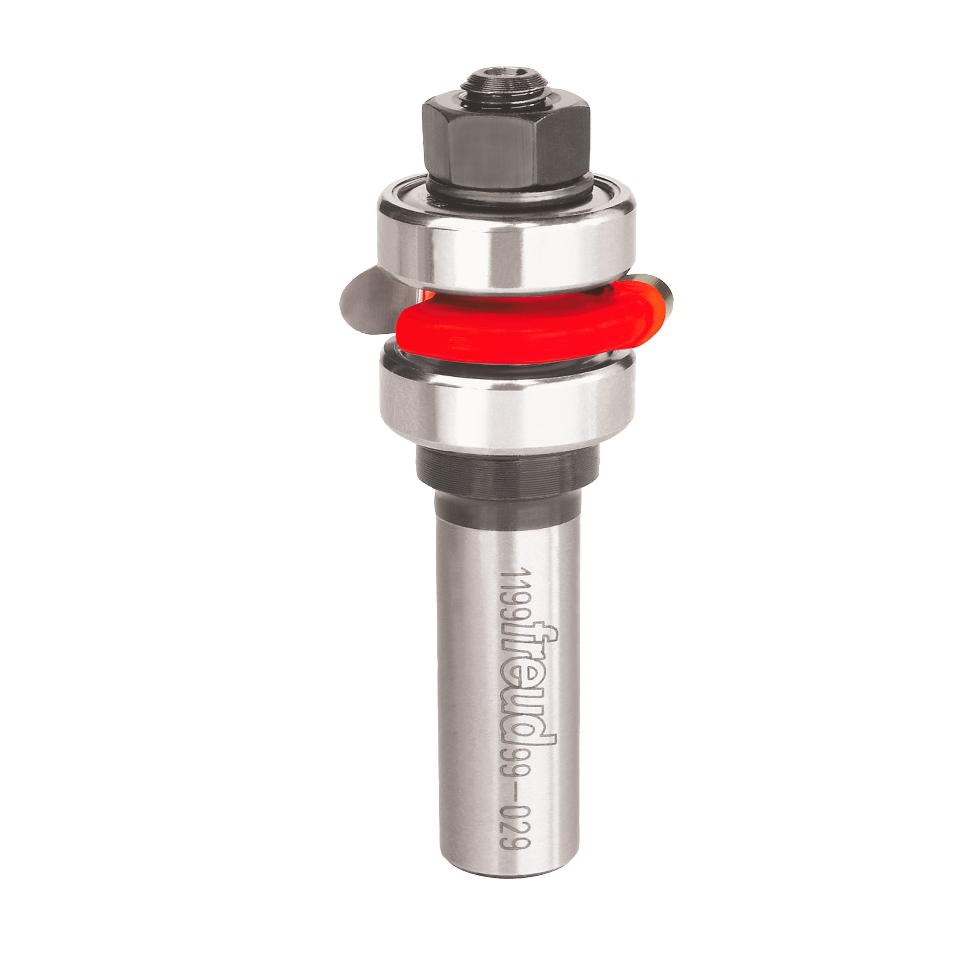 Freud 1/8" radius flute bit with silver shank, red bearing ring, and hex collet chuck assembly.