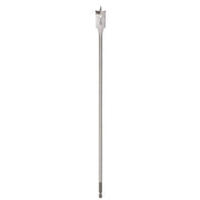 Silver steel flat boring bit with pointed tip and measurement markings on the head.