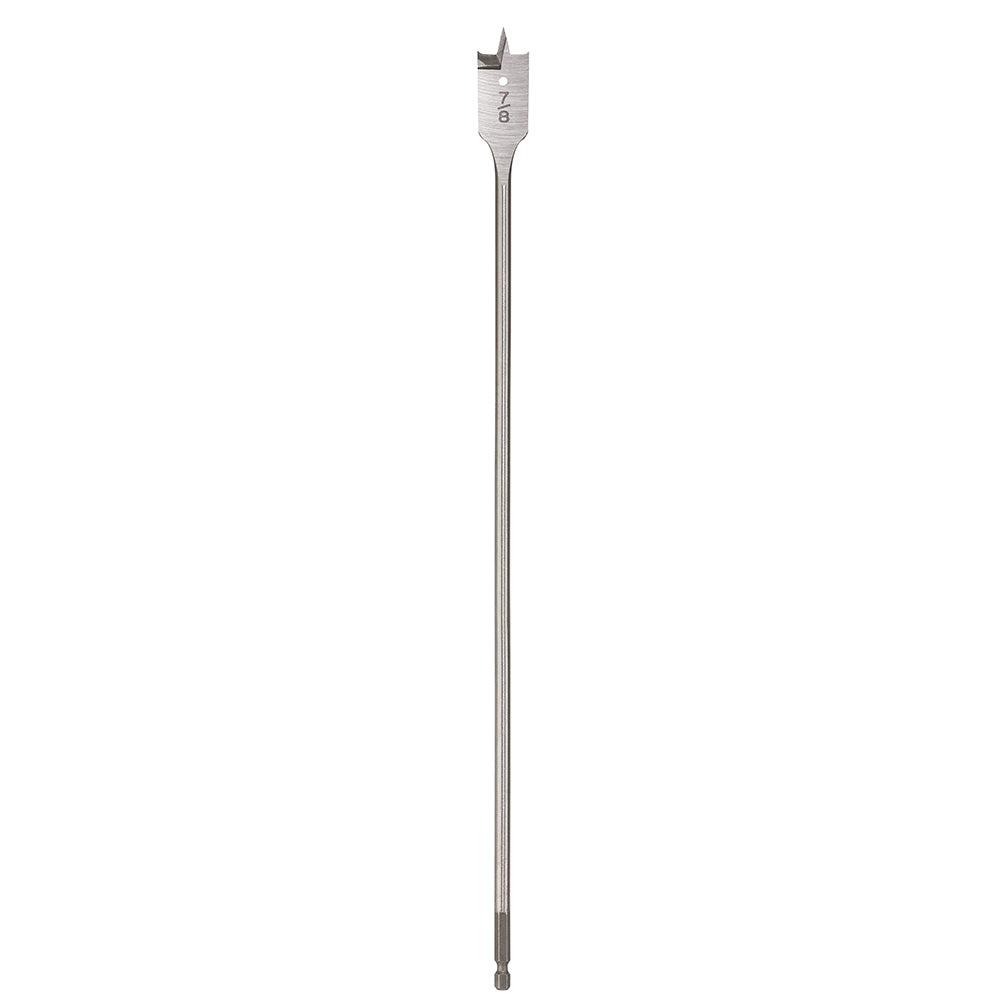 Silver steel flat boring bit with pointed tip and measurement markings on the head.