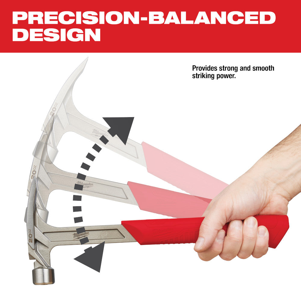 Milwaukee 20oz claw hammer with smooth face, red handle, held in hand showing curved claw and striking head.