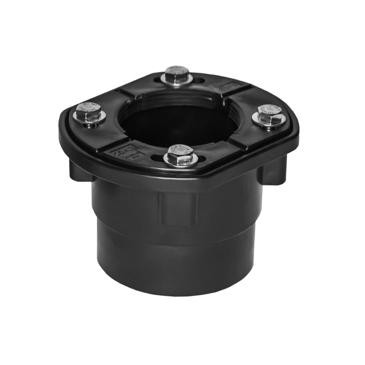 Black cylindrical drain body with square flange top and four stainless steel mounting bolts.