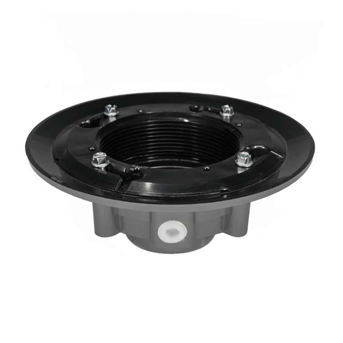 Black and gray drain body with threaded center opening, wide flange top, and mounting bolts around perimeter.