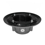 Black drain body with bonded flange, threaded center opening, and mounting bolts on wide circular base.