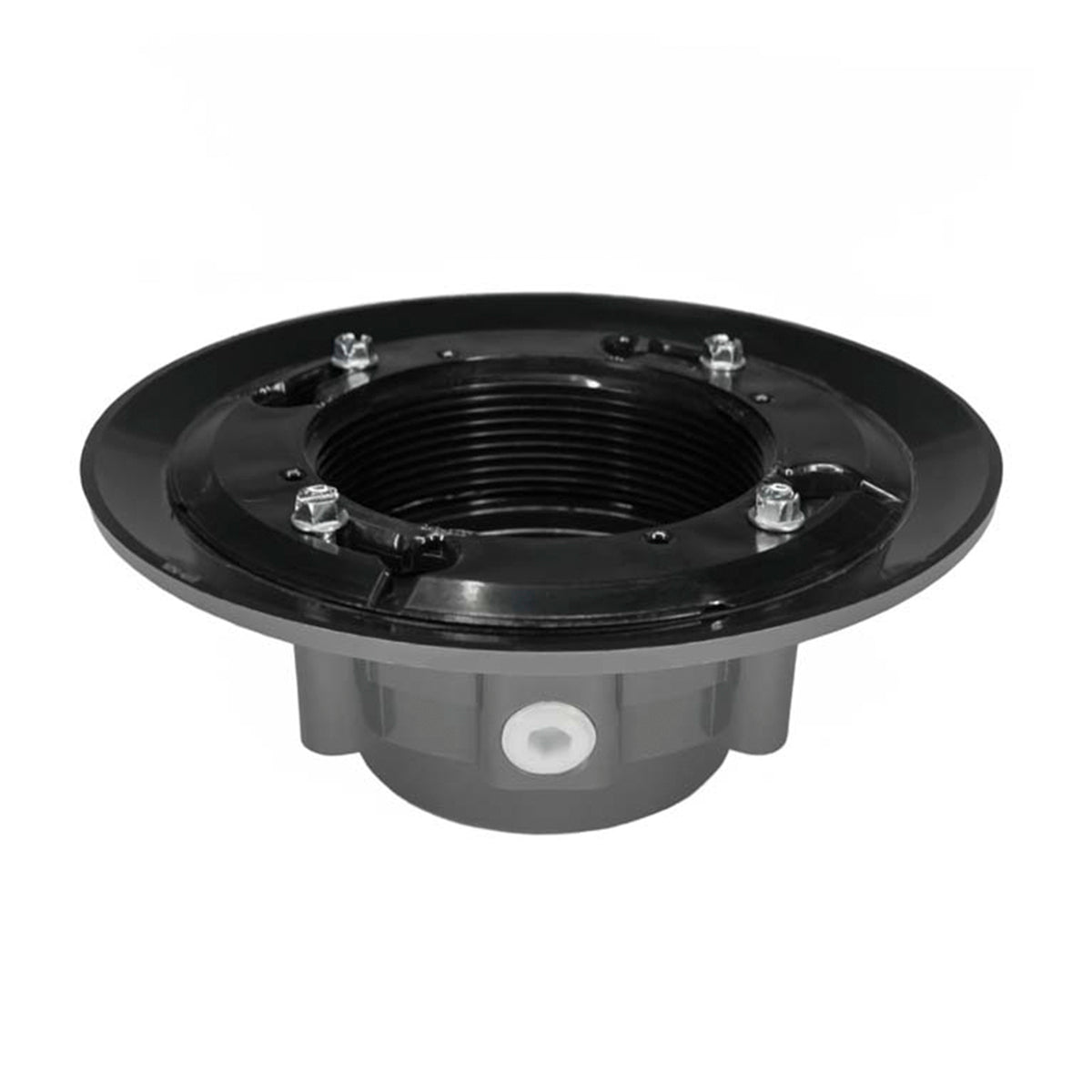 Black drain body with bonded flange, threaded center opening, and mounting bolts on wide circular base.
