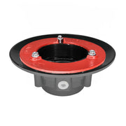 Drain body assembly with red bonded flange, black threaded center opening, three mounting bolts, and gray base.