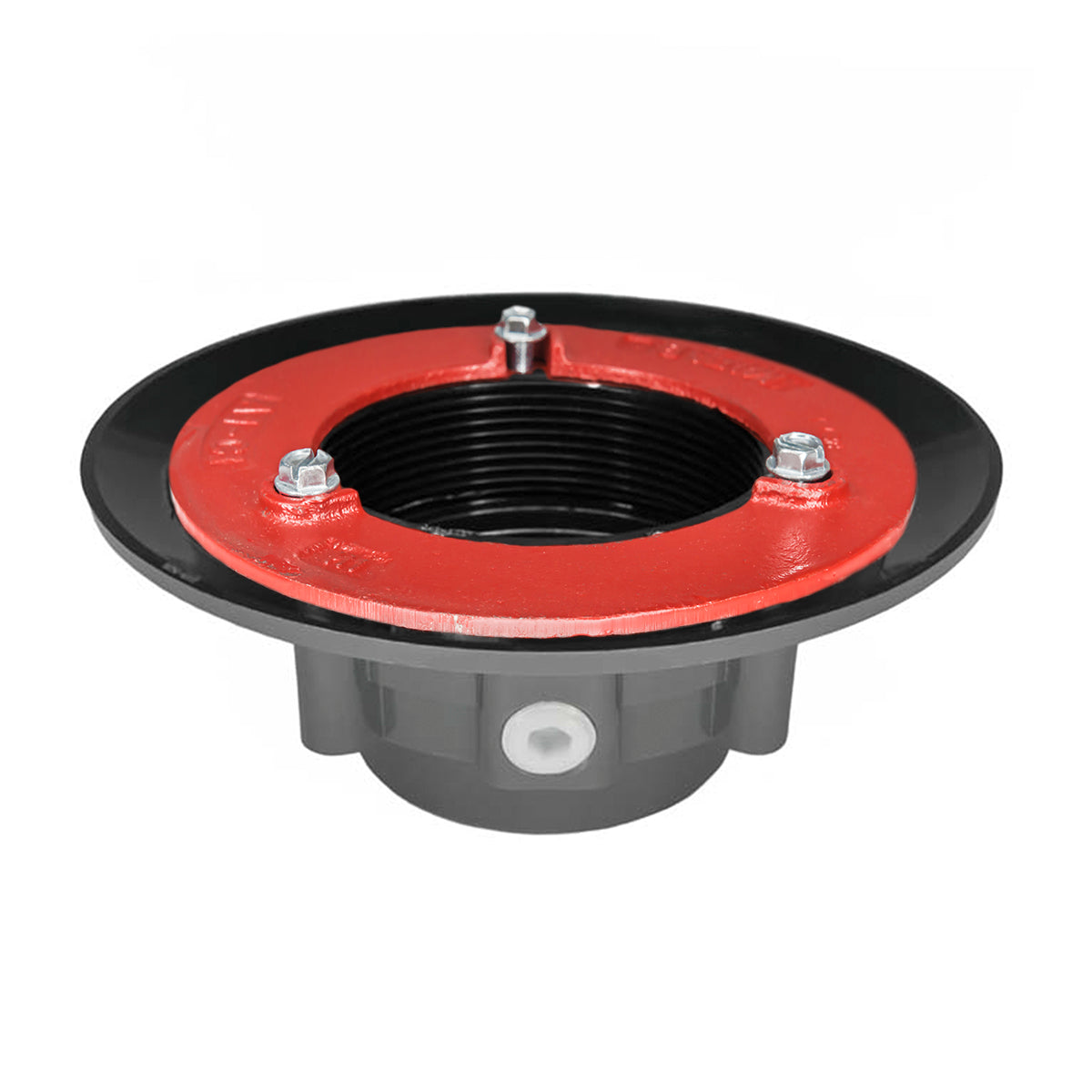 Drain body assembly with red bonded flange, black threaded center opening, three mounting bolts, and gray base.