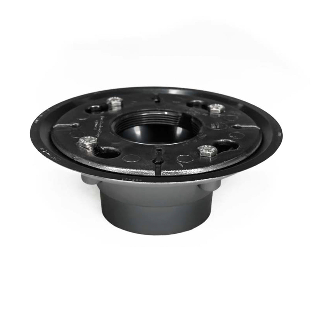 Black circular drain body with central opening, threaded center hole, and mounting points around the flange.