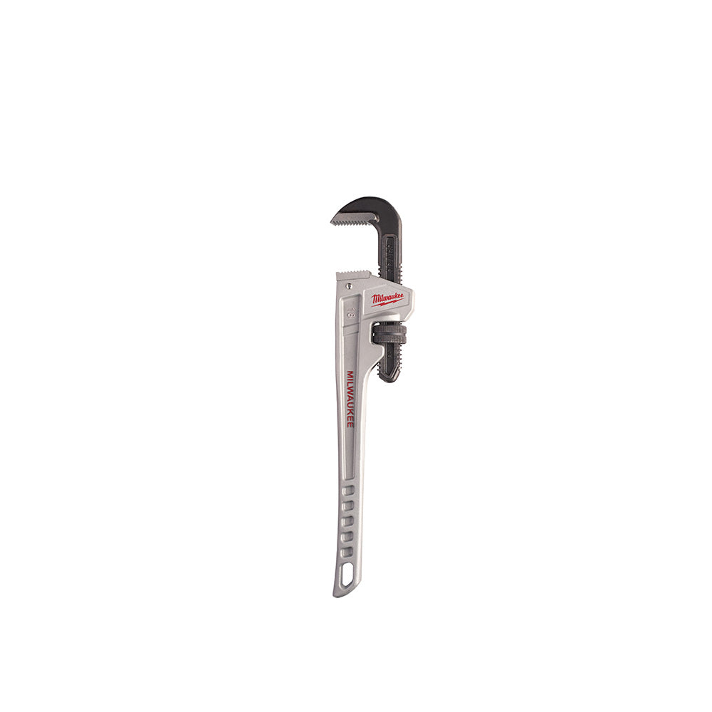 Silver aluminum pipe wrench with black adjustable jaw and Milwaukee branding on handle.