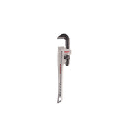 Silver aluminum pipe wrench with black adjustable jaw and Milwaukee branding on handle.
