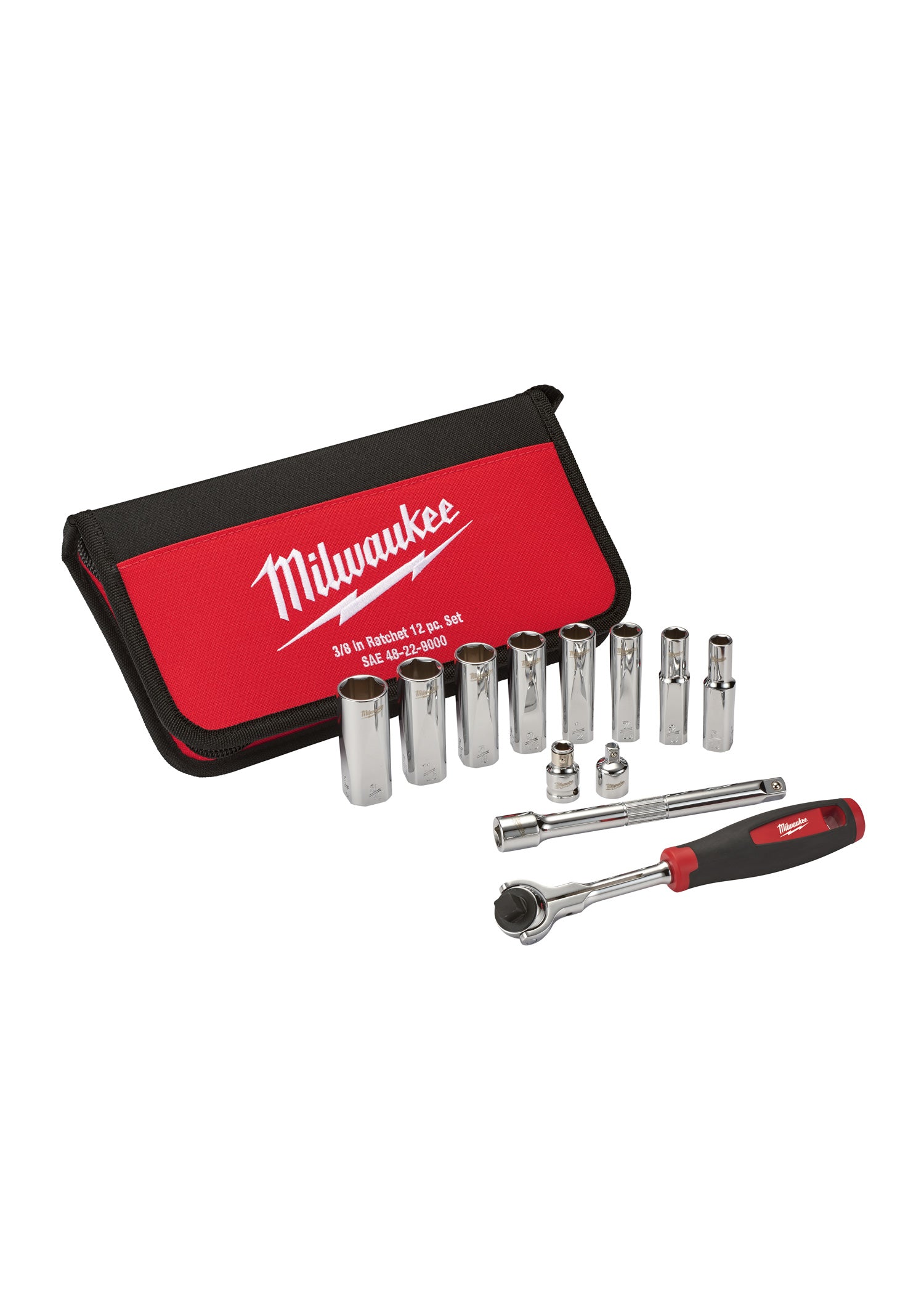 Milwaukee 3/8 in. drive ratchet and socket set with red and black carrying case containing metal sockets and ratchet handle.