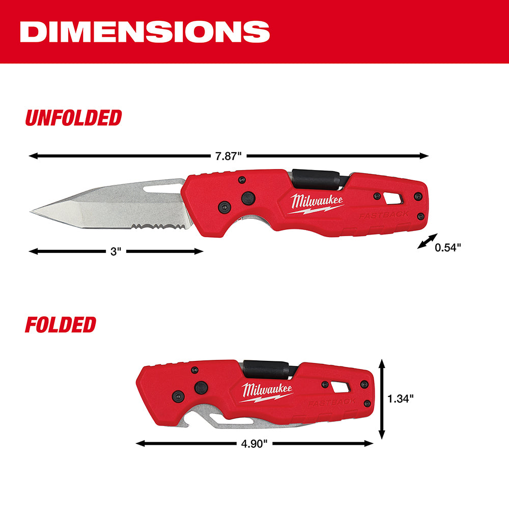 Milwaukee FASTBACK folding knife with red handle and serrated blade shown unfolded at 7.87 inches and folded at 4.90 inches.