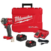 Milwaukee M18 FUEL compact impact wrench with pin detent, two batteries, charger, and carrying case.