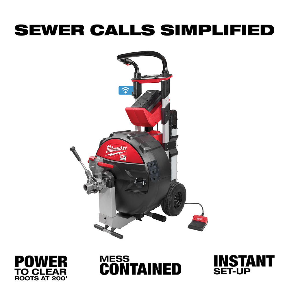 Milwaukee MX FUEL sewer drum machine with red and black body, handle, wireless control icon, foot pedal, and side auger attac