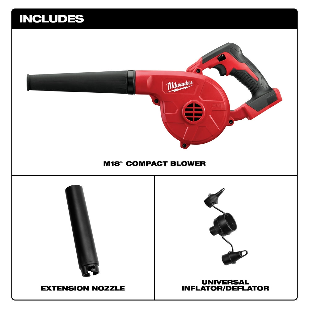 Red and black Milwaukee M18 compact blower with extension nozzle and universal inflator/deflator attachments.