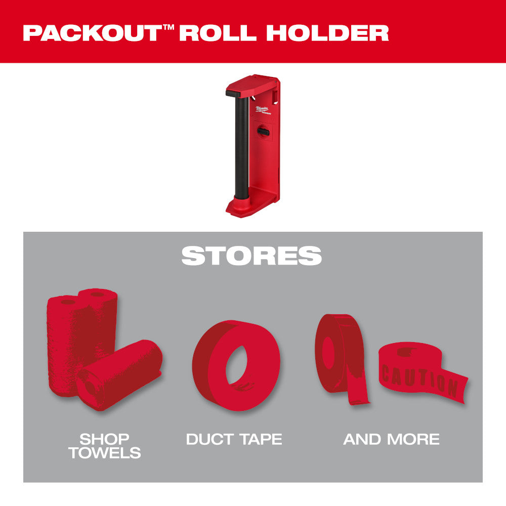 Red and black plastic roll holder with vertical mounting design and storage slot for shop towels, duct tape, and other items.
