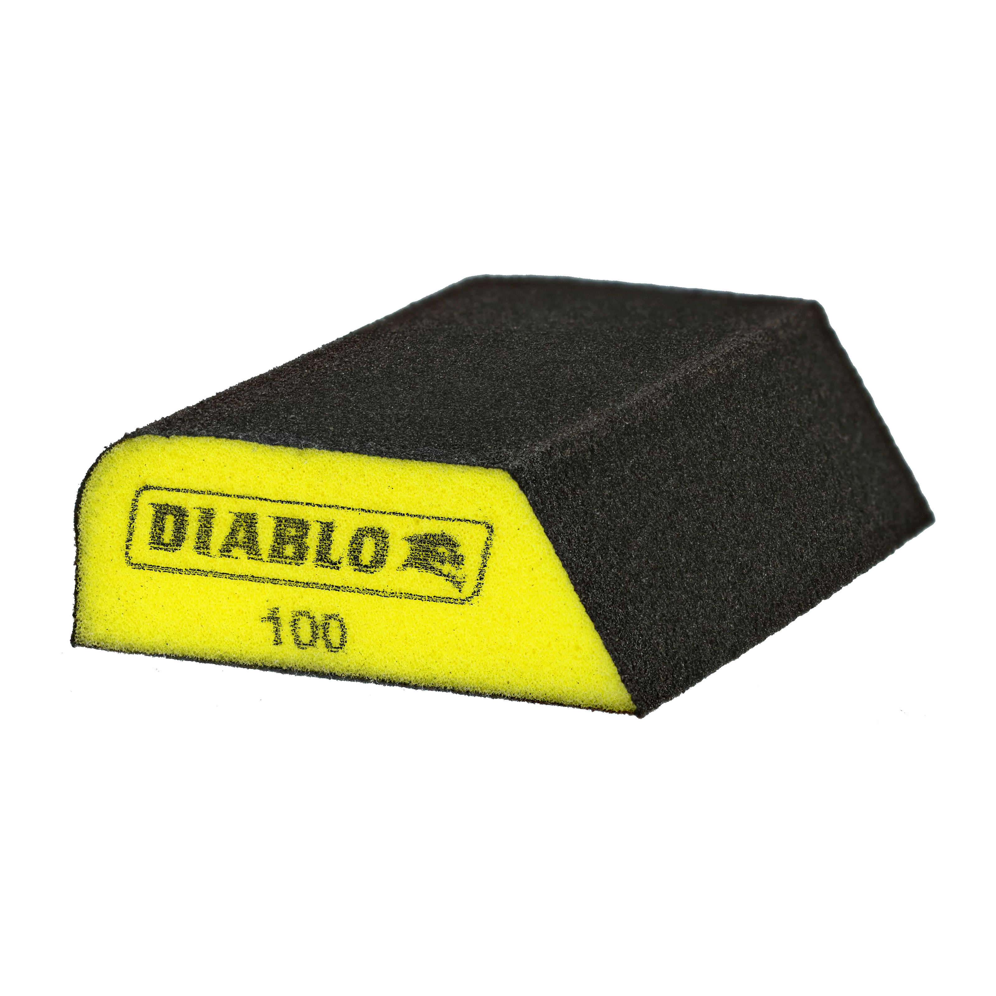 Yellow and black dual-sided sanding sponge with Diablo branding and 100-grit designation.