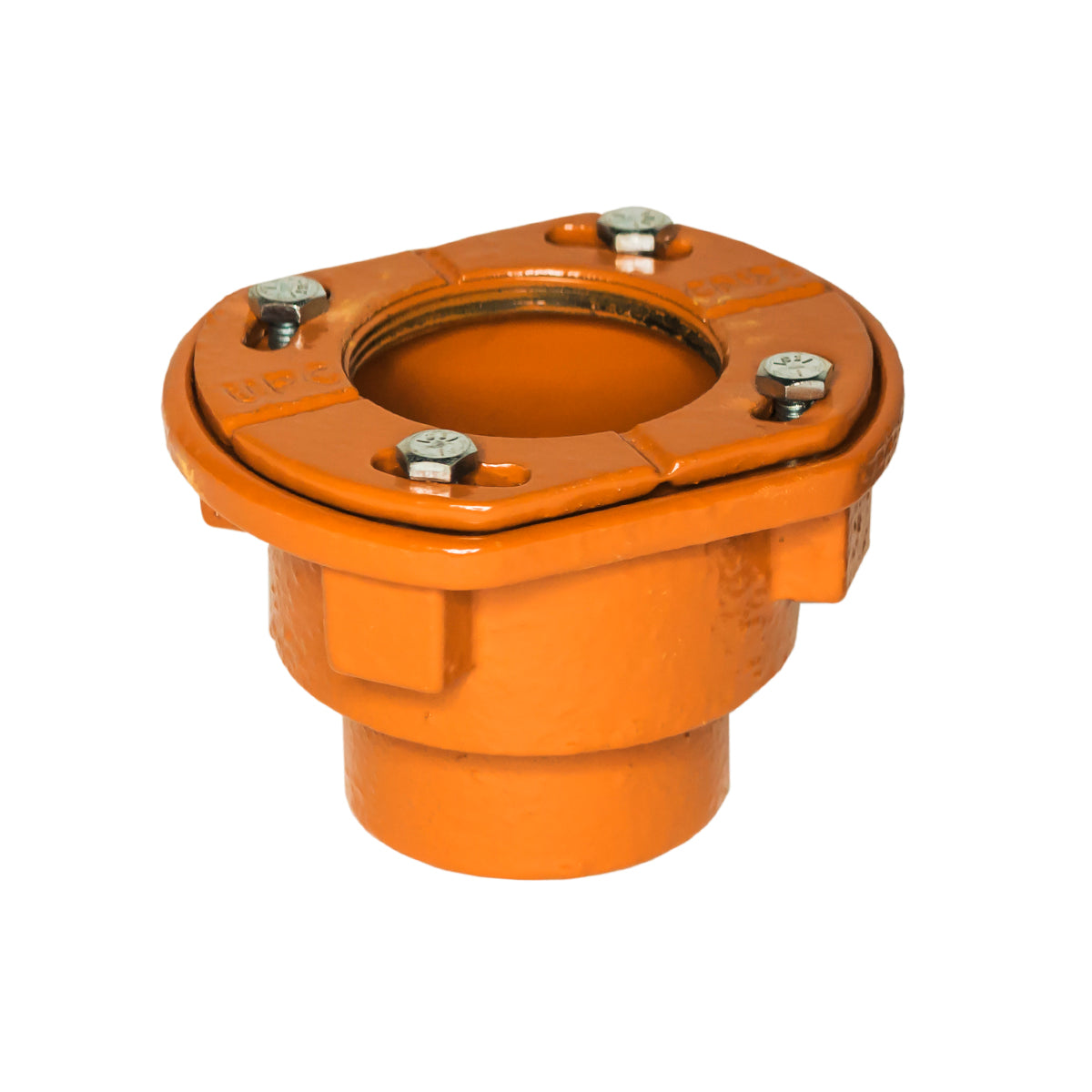 Orange drain body with bonded flange top and four bolt holes with metal fasteners.