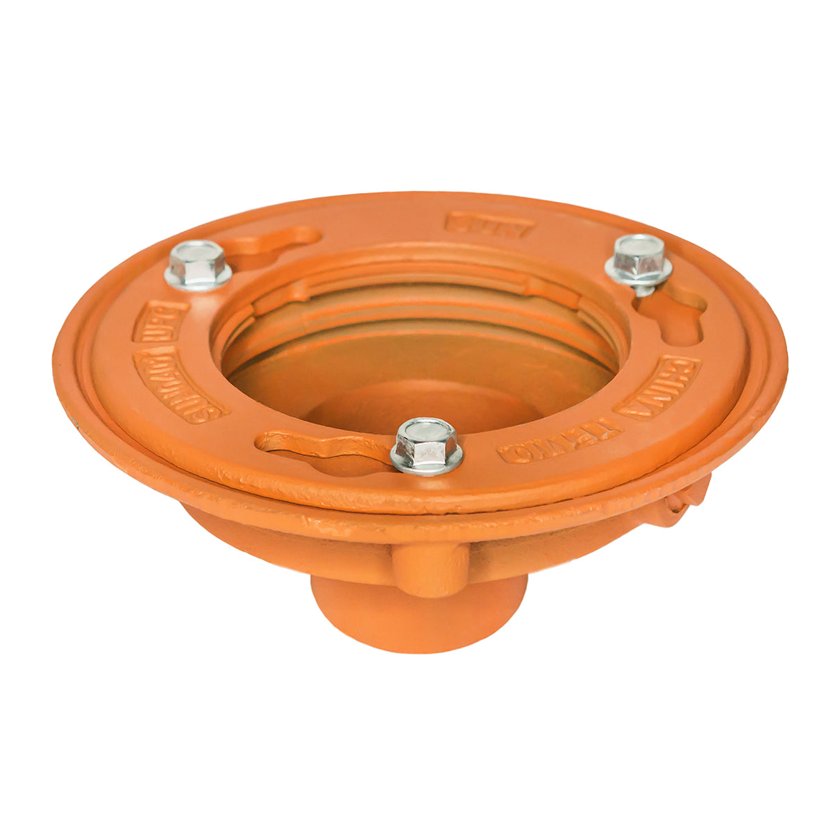 Orange drain body with bonded flange, three chrome bolts, and central outlet opening.