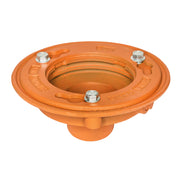 Orange drain body with bonded flange, three chrome bolts, and central outlet opening.